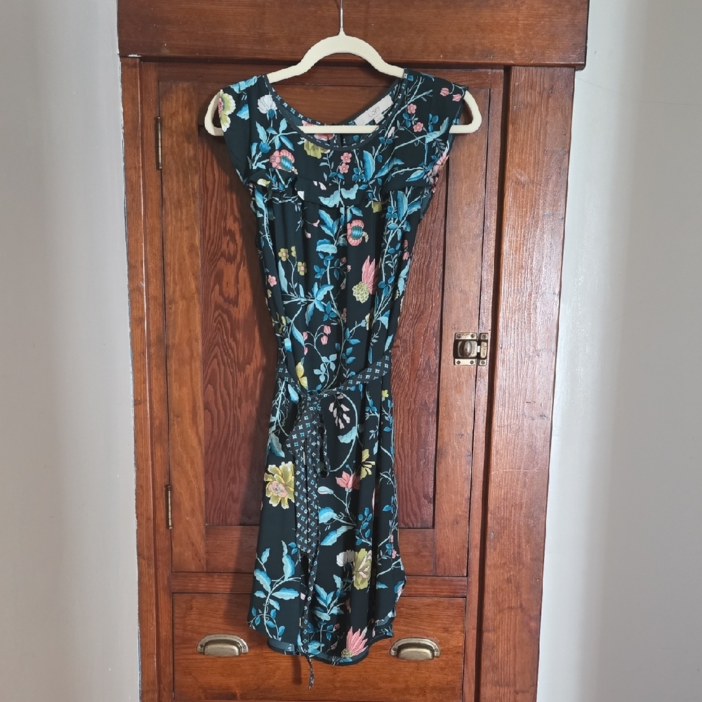 LOFT Black Floral Cap-Sleeve Mini Dress with Blue and Pink Accents